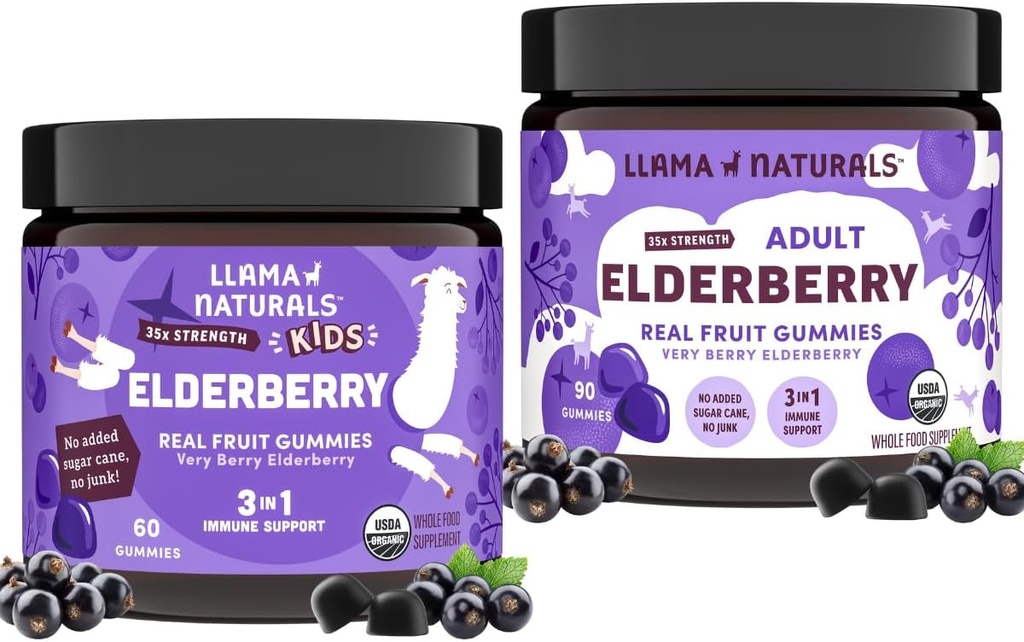 Llama Naturals Real Fruit Sambucus Elderberry Gummies for Kids &amp; Adults ← No Añadido Sugar Cane, Vegan, Organic Immune Support ← Zinc &amp; Natural Vitamin C ← Plant-Based, Chewable Gummies for the Whole Fa