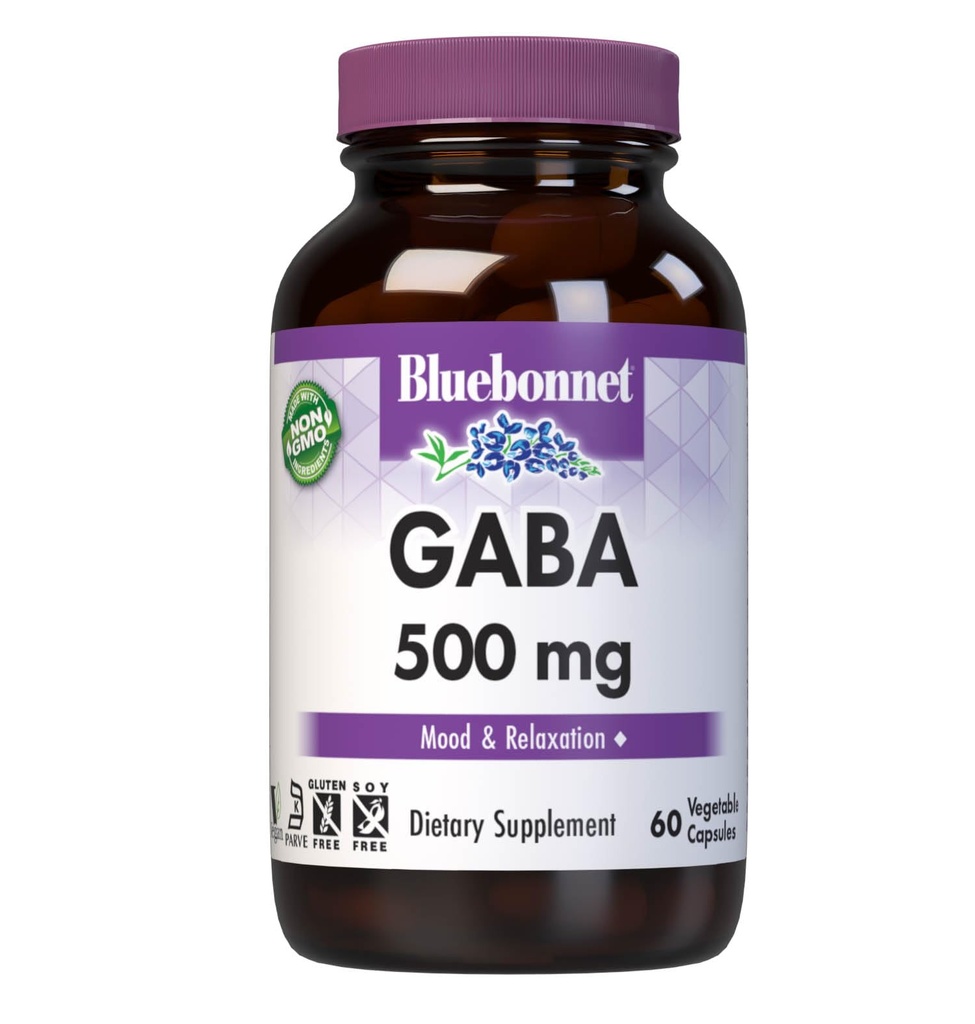 BlueBonnet Nutrition GABA 500mg, for Stress Relief*, Supports Relaxation*, Kosher, Vegan, Gluten-Free, Soy-Free, Non-GMO, 60 Vegetable Capsules, 60 Servidores