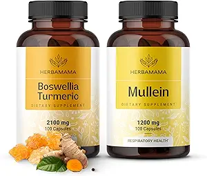 HerBAMAMA Boswellia Turmeric y Mullein Leaf Capsules Kit - Bundle of 2100 mg Boswellia Turmeric " 1200 mg Mullein Leaf Capsules - Vegan, Non GMO, Gelatin-Free - 2 Pack