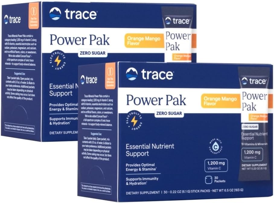 Trace Minerals Power Pak Multivitamin and Multimineral Packets - Electrolyte Support - 1200 mg Vitamina C plus 70+ Trace Minerals - Sugar Gratis - Orange Mango Flavor - 60 Packets