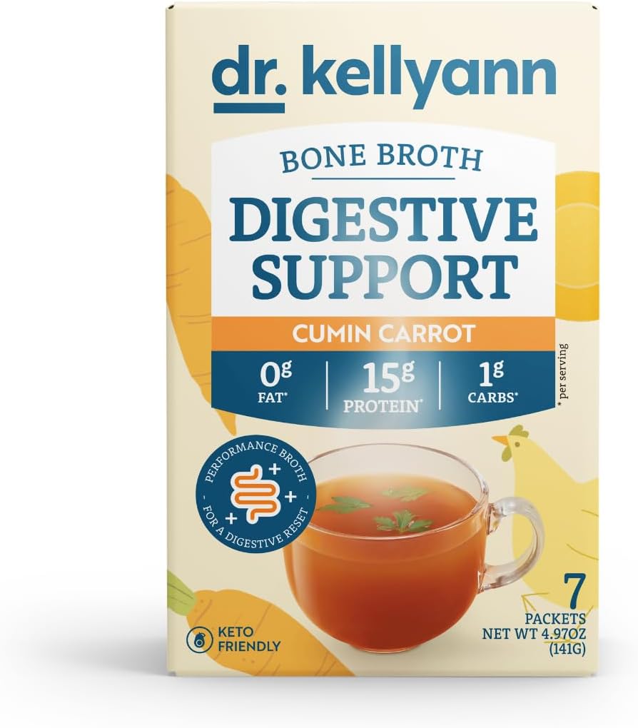 Dr. Kellyann Bone Broth + Digestive Support Collagen Powder Packets (7 Servings, 1 Box), 16g Protein/Serving, 100% Grass-Fed Collagen Powder, Keto & Paleo Friendly - Cumin Carrot