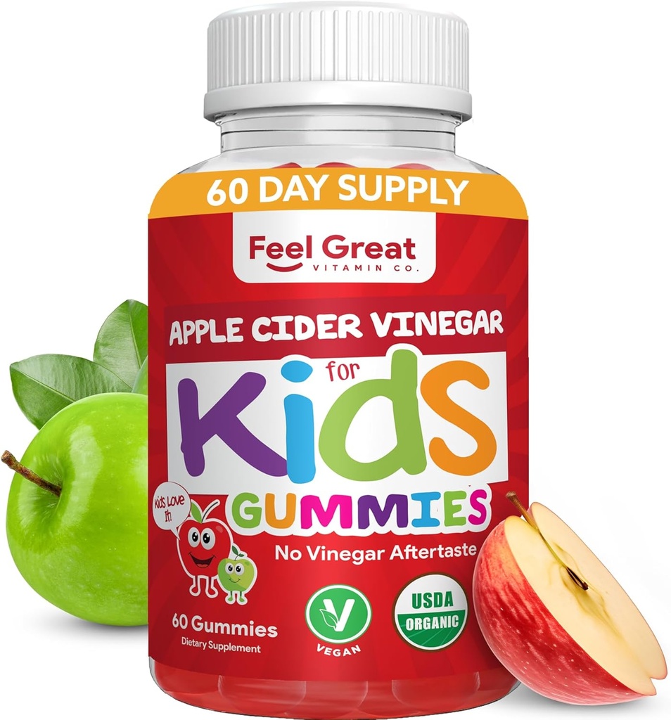Niños orgánicos Manzana Vinagre Gummies por Sentir Grandes Vitaminas ← Rica en Enzimas Digestivas " Antioxidantes naturales para Gut Health ← Kids Gummy Supports Healthy Nutrient Absorption  60 Day Supply
