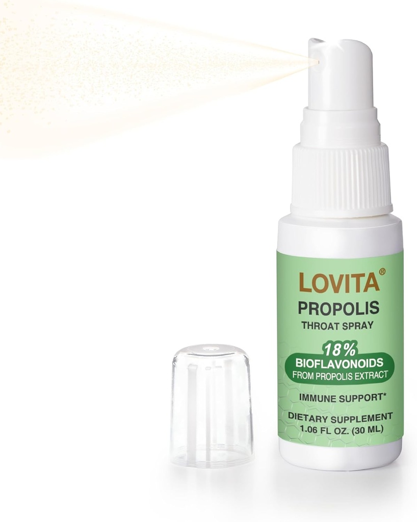 Rocia de garganta de abeja Lovita Propolis, 18% Bioflavonoides, Sin alcohol, Soporte Inmunitario, Aceite de garganta, Antioxidante, Sabor suave, 1 Fl Oz (Pack of 1)