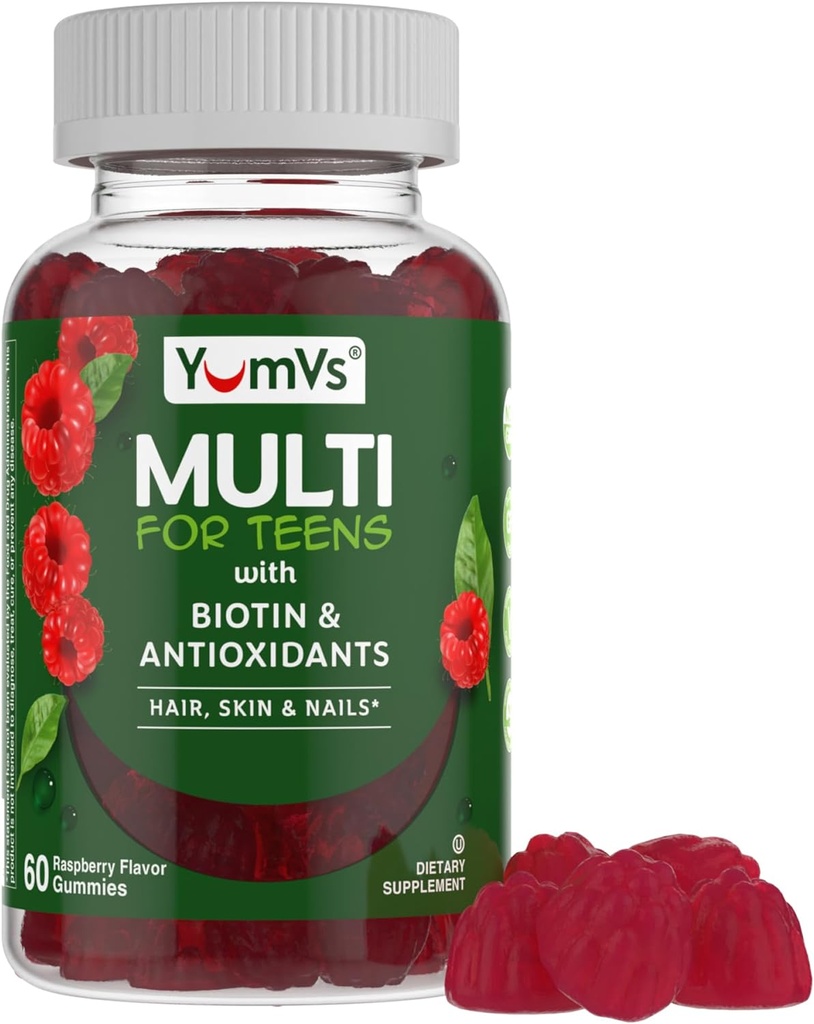 YumVs Adolescentes Gummies multivitamínicos con Biotina y Antioxidantes - Sabor de frambuesa - Peluquería de uñas Soporte - Kosher Teenager Vitaminas para niños y niñas 12-17 - Adolescente Gummy Multi Vitamina (60 Cuenta)