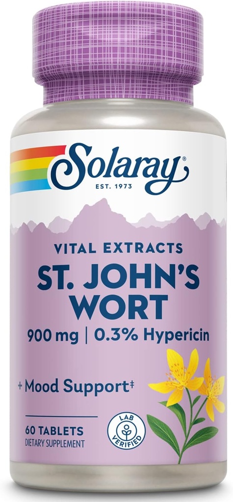 SOLARAY St. Johns Wort Aerial Extract One Daily 900mg, Standardized w / 0,3% Hypericin for Mood Stability & Brain Health Support, Non-GMO ¦