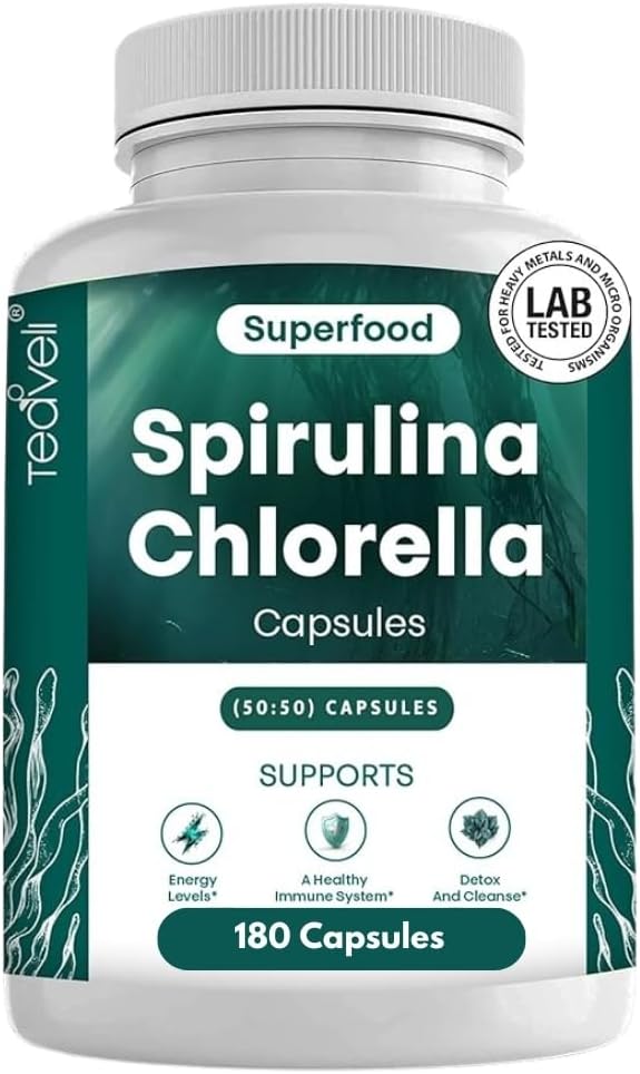 Teaveli Organic Spirulina y Chlorella Capsules – 180 Chlorophyll Pills, Blue Green Algae Powder Capsules para apoyar Detox, Mitocondria & Energy– 3X Más Chlorella Spirulina Powder/Serving