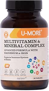 U-MORE Multivitamina &amp; Mineral Complex, Vegan, Libre de Azúcar, Sin gluten, Calcio, Magnesio, Vitamina A, B1, B2, B5, B6, B12, D3, K, C, Iron, Zinc, Supports Immune System &amp; Global Health - 60 Tablets