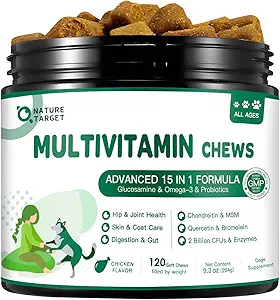 NATURE TARGET Multivitamin for Dogs - con MSM &amp; Glucosamine, Omegas 3 &amp; 6, Probióticos para la Salud Digestiva, Soporte Conjunto, Skin &amp; Coat, Sistema Inmunitario &amp; Salud Global 120 Soft Chews