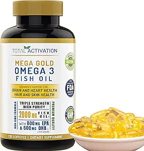 Suplemento de aceite de pescado Omega 3 – 2000 mg con EPA DHA &amp; Vitamina E – Burpless, triple fuerza de apoyo para hombres y mujeres – 120 Easy Swallow Softgels