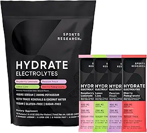 Sports Research® Hydrate Electrolytes Powder Packets - Sugar-Free & Naturally Flavored with Vitamins, Minerals, and Coconut Water - Supports Hydration - 32 Packets - Variety Pack