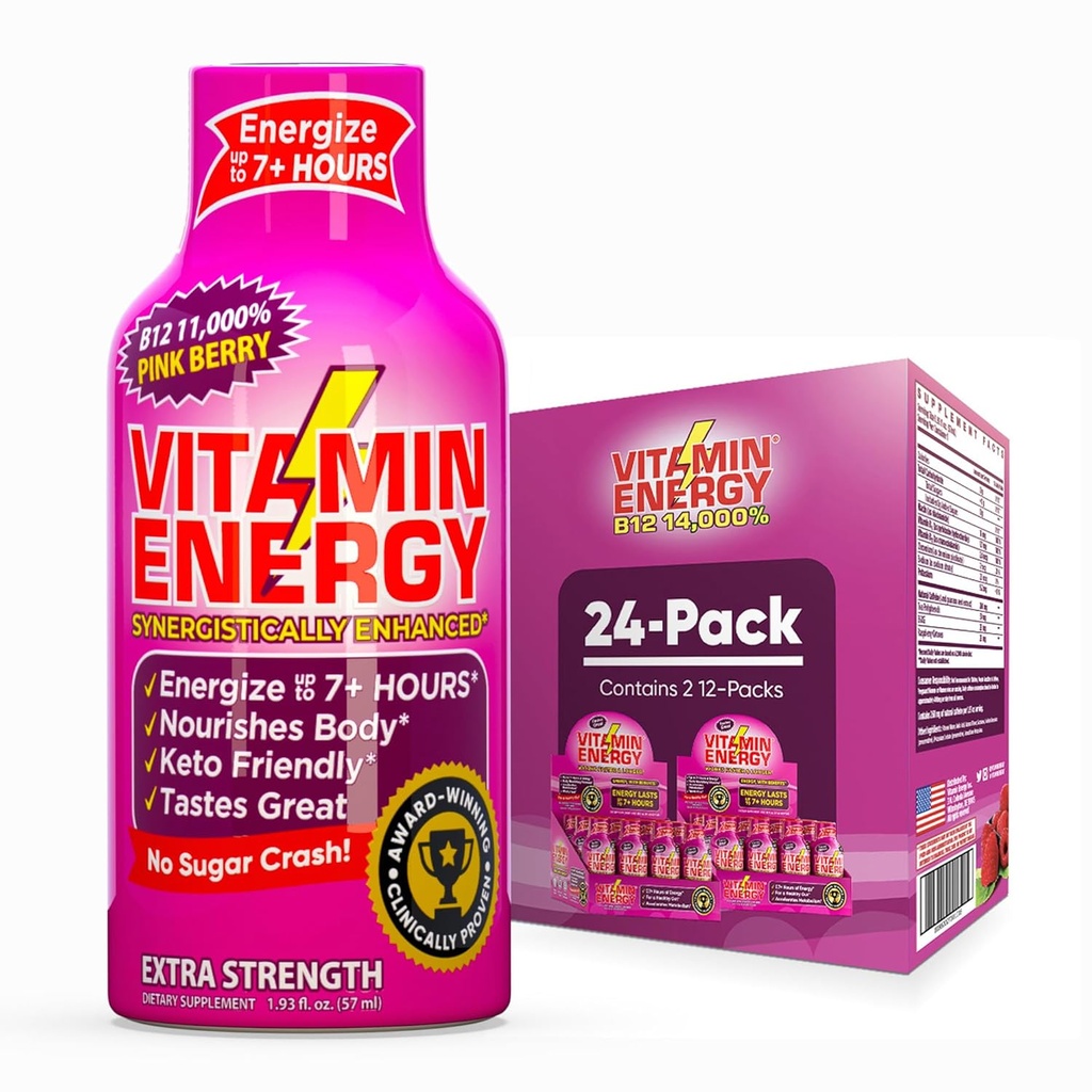 Vitamin Energy B12 11,000% Extra Strength Energy Shot Pink Berry 24 Pack, 260mg Natural Caffeine, B12 &amp; B6, Nootropic Focus, Vitality, Zero Sugar, Gluten-Free, Vegan, Kosher, 1.93 fl oz