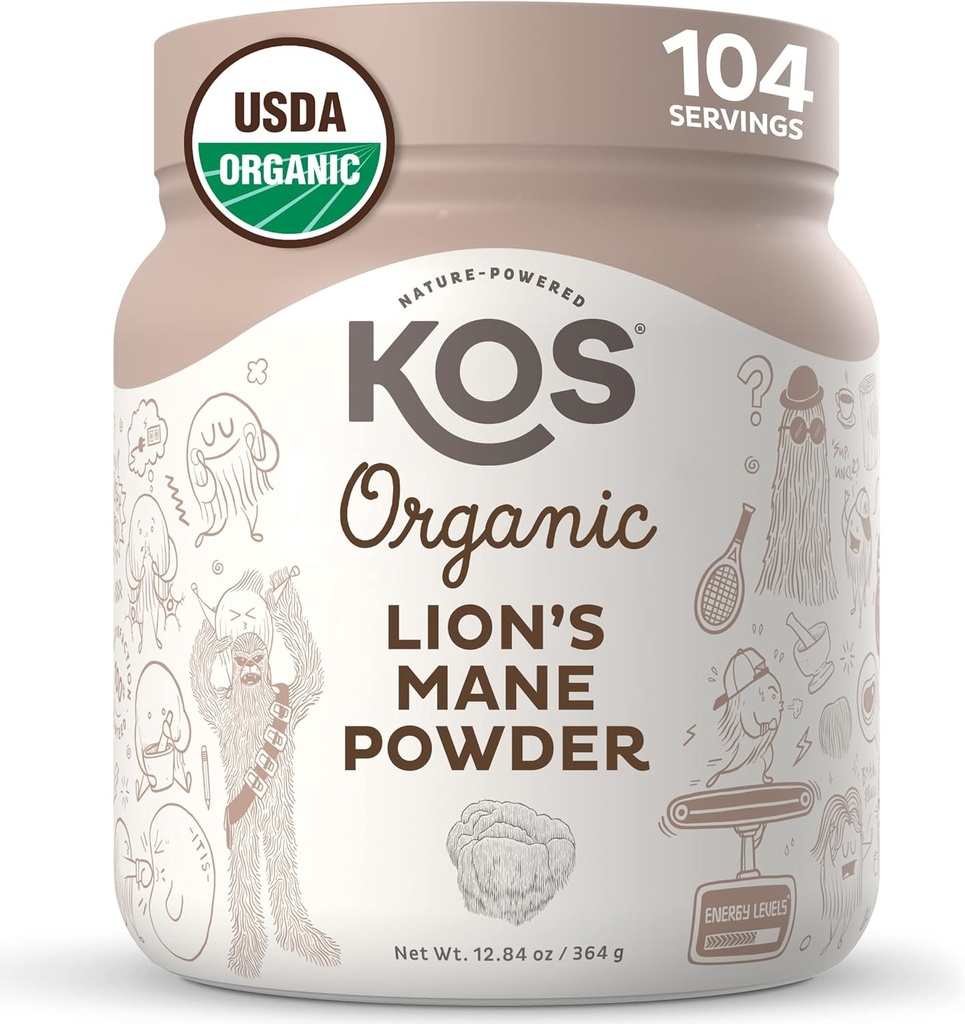 KOS Organic Lion's Mane Powder - Natural Nootropic Superfood - Vegan Funal Mushroom, Planta Basada, USDA Certified, Non-GMO, Soy &amp; Gluten-Free - 104 Servimientos