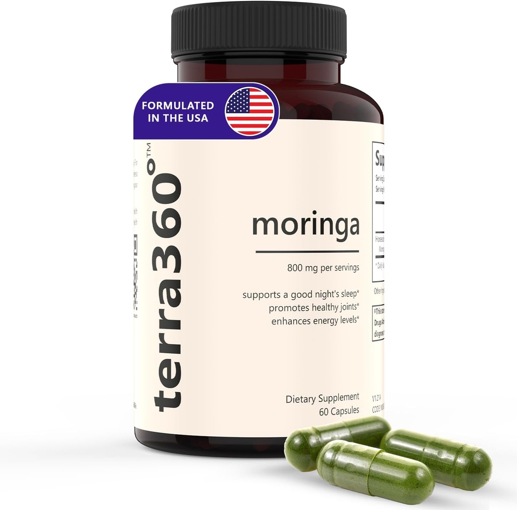 Moringa Capsules 800 mg - 60 cápsulas, Moringa Pure Capsules, Potente Superalimento Verde, Gratuito, No Gluten, Energía, Skin, Immune & Gut Health, Made in The USA