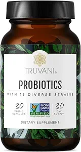 Truvani Probiotic Supplement TEN 30 Servings TEN 15 Billion CFU TENIDO 15 Diverse Strains for Digestive, Immune & Brain Health Support TEN Shelf-Stable Vegan Capsules ANTE NO GMO, No Fillers
