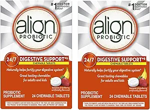 Align Probiotic Supplement Chewable Tablets Banana Strawberry Smoothie - 24 ct, Pack de 2