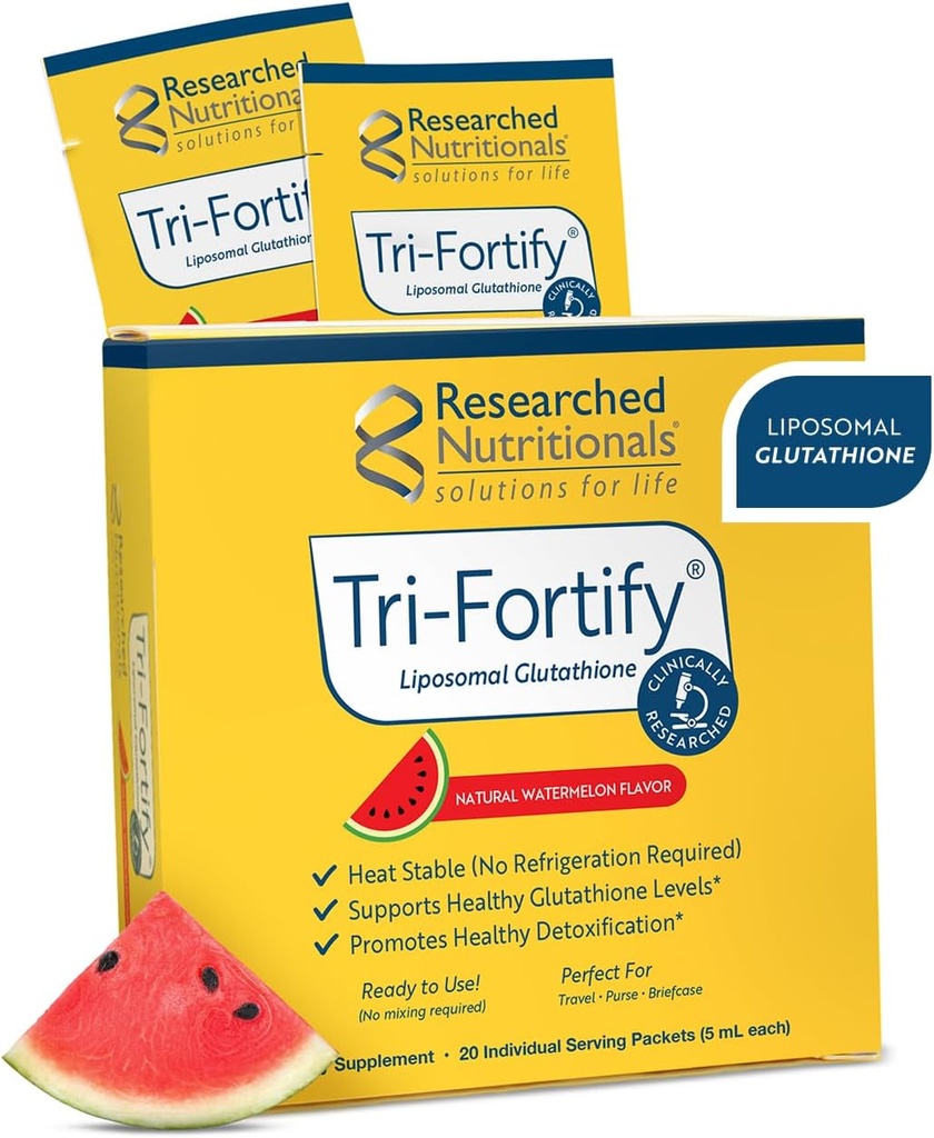 Researched Nutritionals Liposomal Glutathione (450mg) Liquid Gel + Vitamin C - Tri-Fortify - Aid Natural Energy, Immune Support & Detox - Clinically Researched for Absorption, Watermelon (20 Packets)