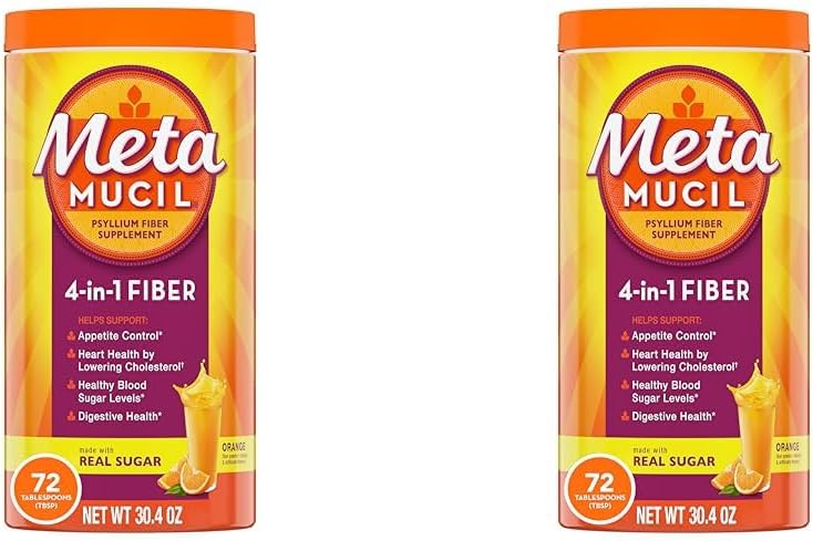Metamucil Fiber, 4-en-1 Psyllium Fiber Suplemento Polvo con azúcar real, Naranja Smooth Flavored Drink, 72 Servings (Packaging May Vary), Textura gruesa, 1.9 Libra (Pack of 2)