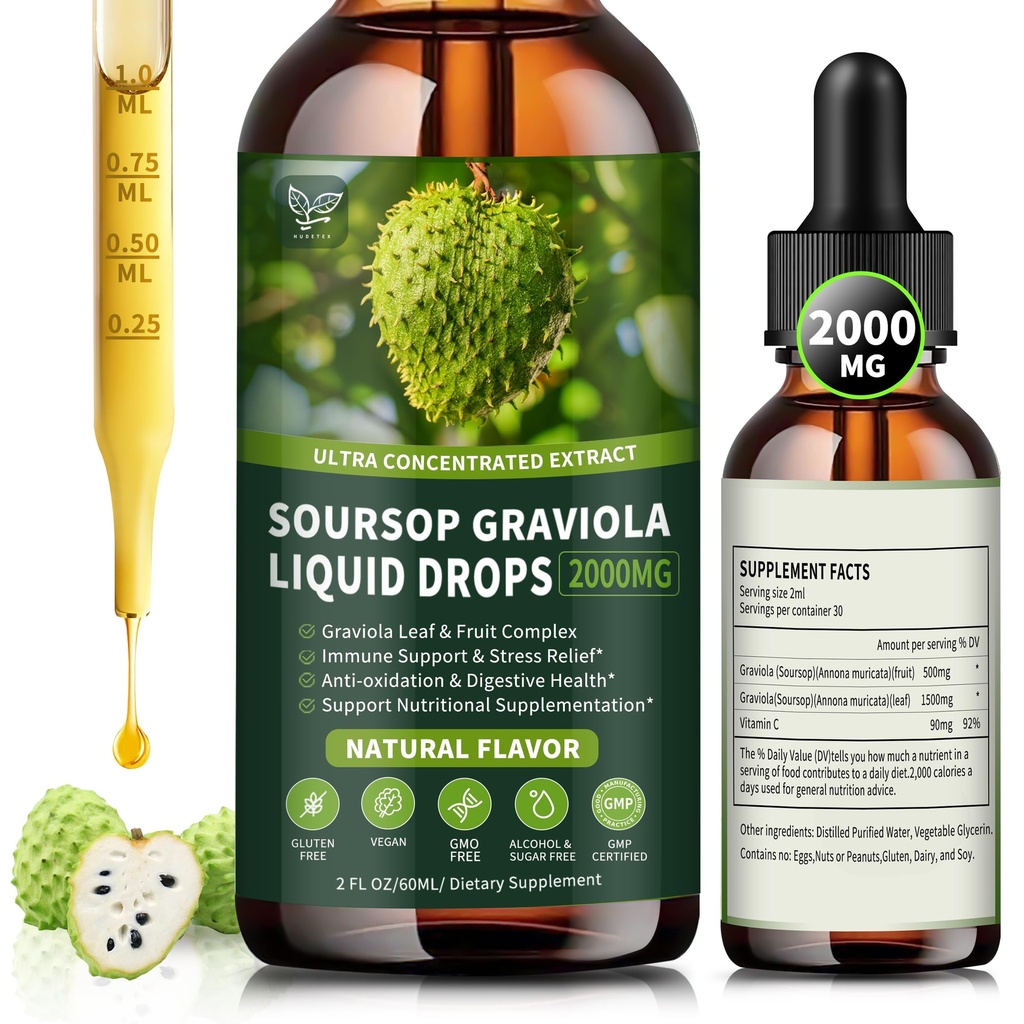 Soursop Graviola Liquid Drops 2000mg, Organic Soursop Extract - 98% Absorption Soursop Bitters Liquid for Cell Support & regenera and Immune Boost, Sugar/Gluten Free, Natural Flavor, 2 Fl Oz