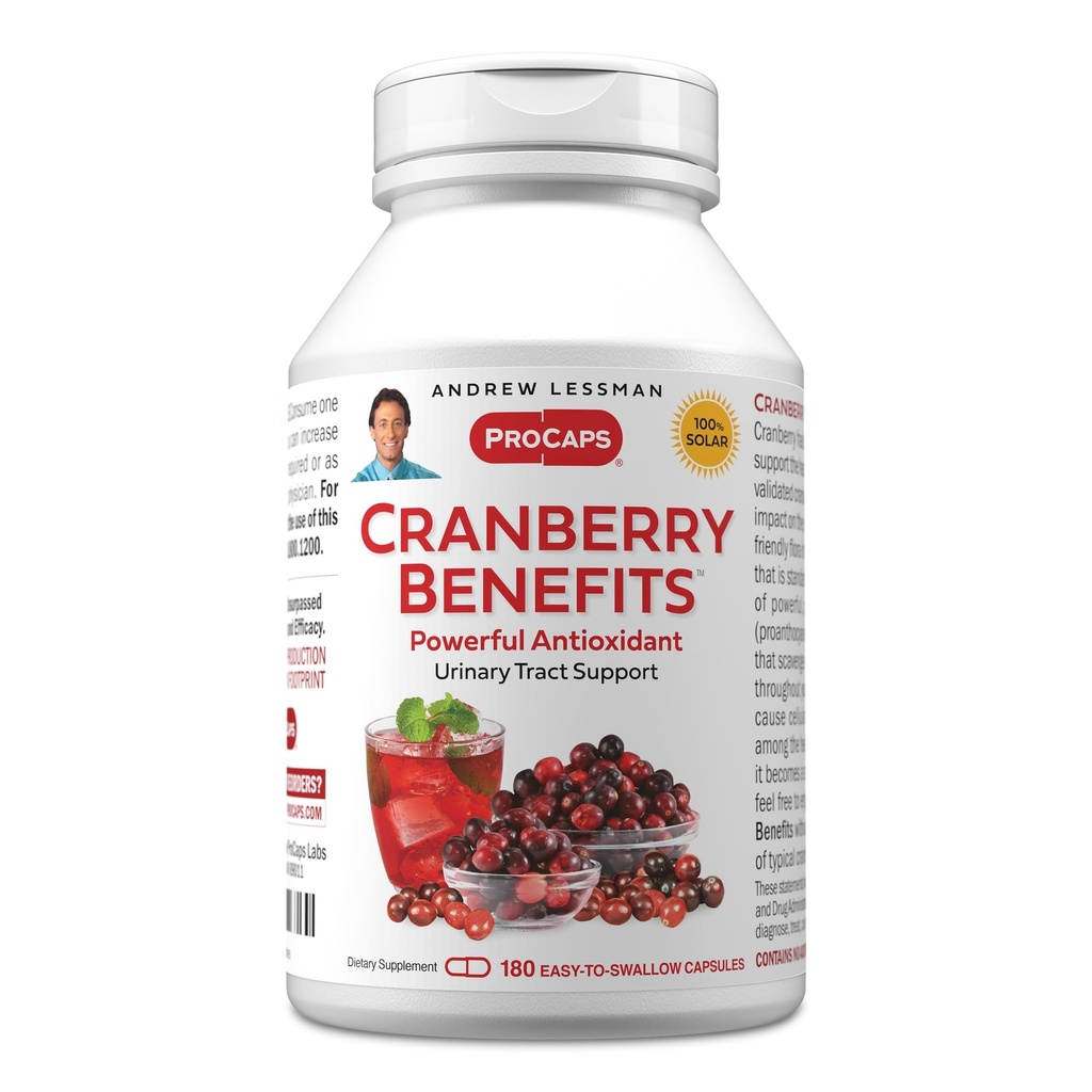 ANDREW LESSMAN Cranberry Ventajas - 180 Capsules - Apoya la salud de la vejiga, el riñón y el tracto urinario. Extractos estandarizados de frutas de arándano, pequeñas cápsulas fáciles de absorber