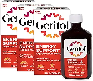 Geritol Liquid Vitamin and Iron Supplement, Energy Support, Contains High Potency B-Vitamins and Iron, Pleasant Tasting, Easy to Swallow, No Artificial Sweeteners, Non-GMO, 12 Oz, 3 Pack