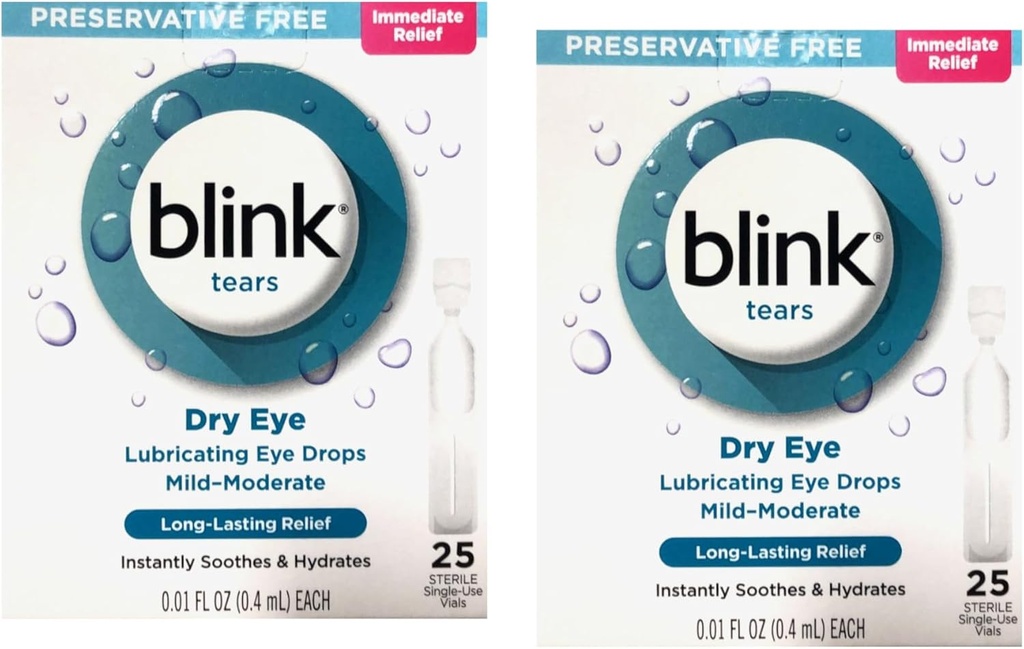 Blink Tears Preservative Free Lubricating Eye Drops, Instant and Long-Lasting Relief for Dry Eyes, 25 Sterile Single-Use Vials, 0.01 FL OZ (0.4 mL) Cada uno (Pack of 2)
