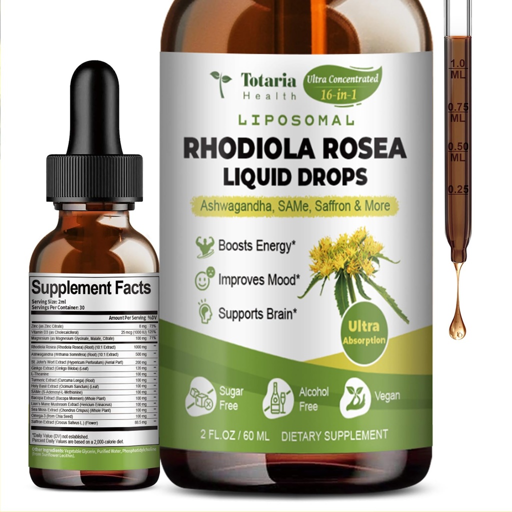 Totaria 16-in-1 Liposomal Rhodiola Rosea Supplement Tincture 1000mg, Ultra Strength Rhodiola 10:1 Root Extract w/Ashwagandha, Rhodiola Liquid Drops for Natural Relaxation, Mood, Energy, Alcohol-Free
