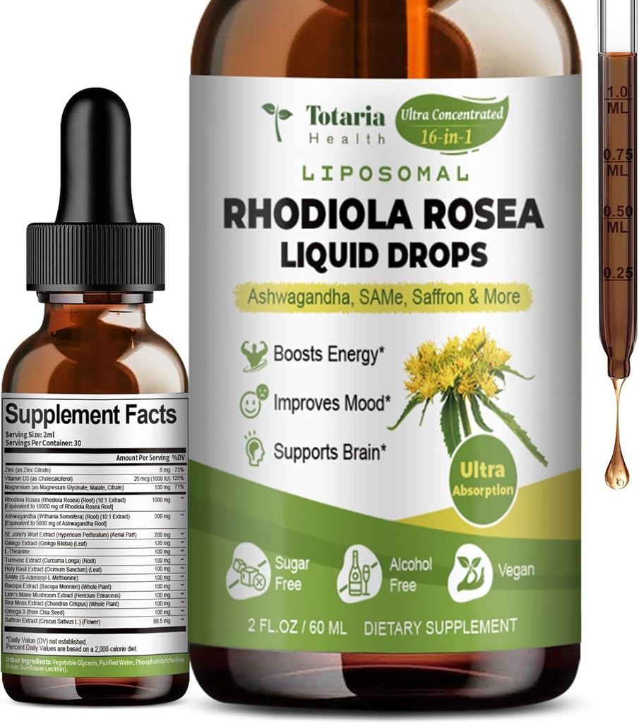 Totaria 16-in-1 Liposomal Rhodiola Rosea Tincture, Ultra Strength Rhodiola Suplemento w/Ashwagandha, Saffron, Magnesium, SAM-e, Rhodiola Rosea Extracto gotas líquidas para la relajación natural, Mood, Energy