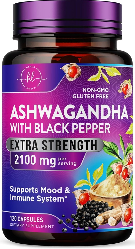 Ashwagandha 2,100 mg - Suplementos de Ashwagandha para mujeres en cápsulas de verduras con extracto de raíz de polvo, cobre negro para alta absorción, planta base, no GMO, embotellado en los EE.UU. - 120 cápsulas de verduras