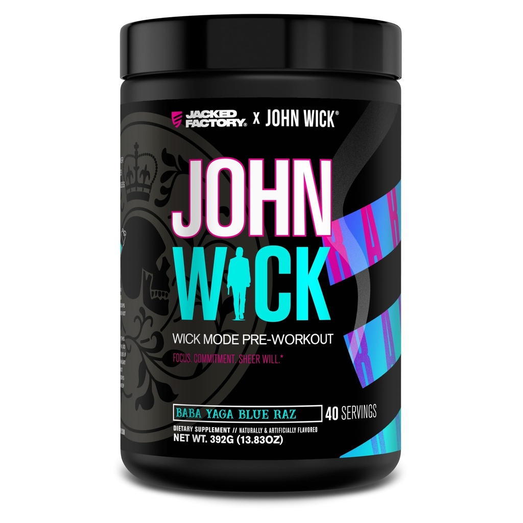Jacked Factory X John Wick - Wick Mode Pre Workout Powder - Intense Energy, Battle-Ready Focus, Unstoppable Commitment, and Sheer Will - 40 Servings, Baba Yaga Blue Raz