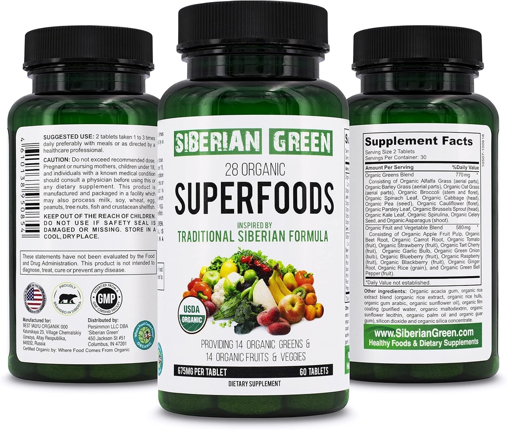Siberian Green 28 Superfoods Orgánicos Suplemento 60 Tabletas - 14 Verdes Esenciales, 14 Frutas Nutriciosas & verduras de la Fórmula Tradicional de Energía, Bienestar, Salud
