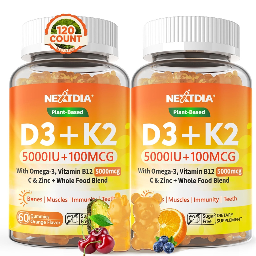 Vitamina D3 K2 Gummies 5000IU / 10.000 UI con Omega-3 250mg + K2(MK-7) 100mcg - 5X Absorción Than Standard D3K2, con vitamina C, zinc y 5 verduras orgánicas,Apoyos Bone &amp; Teeth Strength, Immune