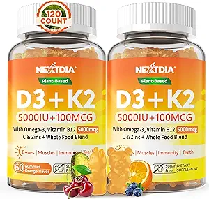 Vitamin D3 K2 Gummies 5000IU / 10,000 IU with Omega-3 250mg + K2(MK-7) 100mcg - 5X Absorption Than Standard D3K2,with Vitamin C, Zinc,and 5 Organic Vegetables,Supports Bone & Teeth Strength, Immune