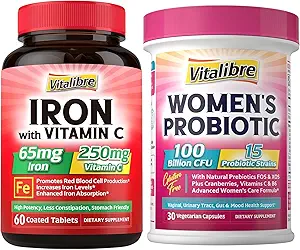 Suplemento Complejo de Magnesio 6 en 1+ Probióticos de Mujeres 100 Billones CFU + Suplemento de Hierro, 65 mg Hierro de Carbonilo con 250 mg Vitamina C