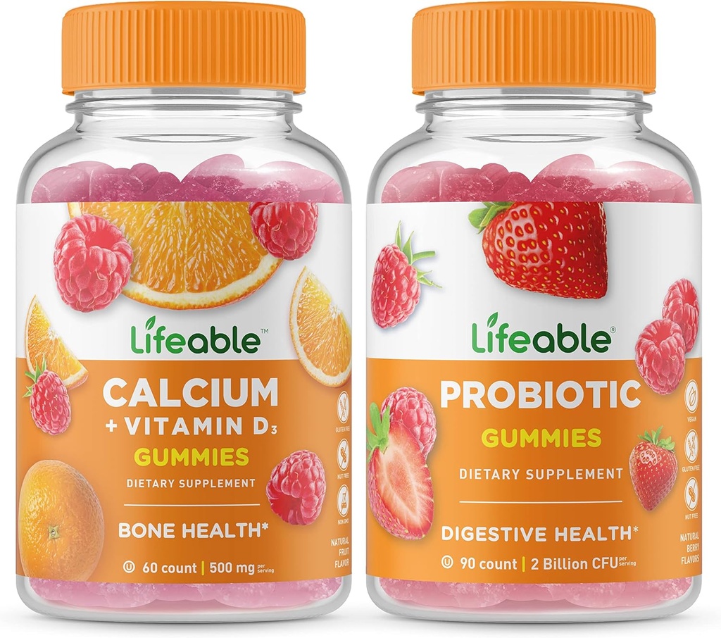 Calcio Lifeable con vitamina D + Probiótico 2 Billones CFU, Gummies Bundle - Gran Tasting, Suplemento de vitamina, Gluten Gratis, GMO Gratis, Chewable