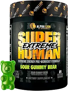 ALPHA LION Superhuman Extreme High Stim Pre Workout Powder, Beta Alanine, L-Taurine " 356mg Tri-Source Caffeine for Sustained Energy, Nitric Oxide " Citrulline for Pump (21 Servings, Sour Gummy Bear)