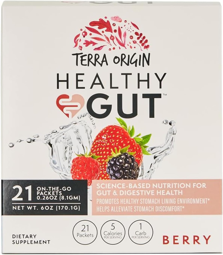 TERRA ORIGIN Empaquetaduras de goma saludable, L-Glutamina, deslizante Elm, Aloe Vera, Extracto de punta de regaliz, Gut Health, soporte digestivo, Reparación de goma láctea, Función de inmune, On-The-Go, 21 Ct, Berry