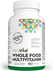 Multivital de alimentos integrales vegetales - Multivitaminas con 42 Superalimentos vegetales crudos y frutas Vitaminas Energía de la Tierra Frutas y verduras Suplemento Frutas Puras y Suplementos vegetales - 90 Tabletas