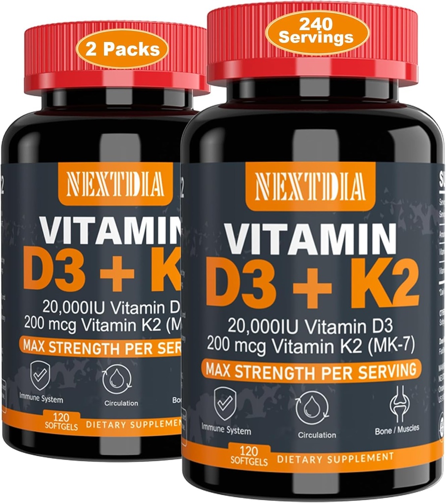 Vitamina D3 20.000 UI + K2(MK7) 200mcg-Optimal Vitamina D3 &amp; K2-Apoyo Huesos fuertes &amp; Muscle, Calcium Absorption &amp; Immune Health, Helping Vitamin D Deficiencies, Easy to Swallow, (Pack of 2)