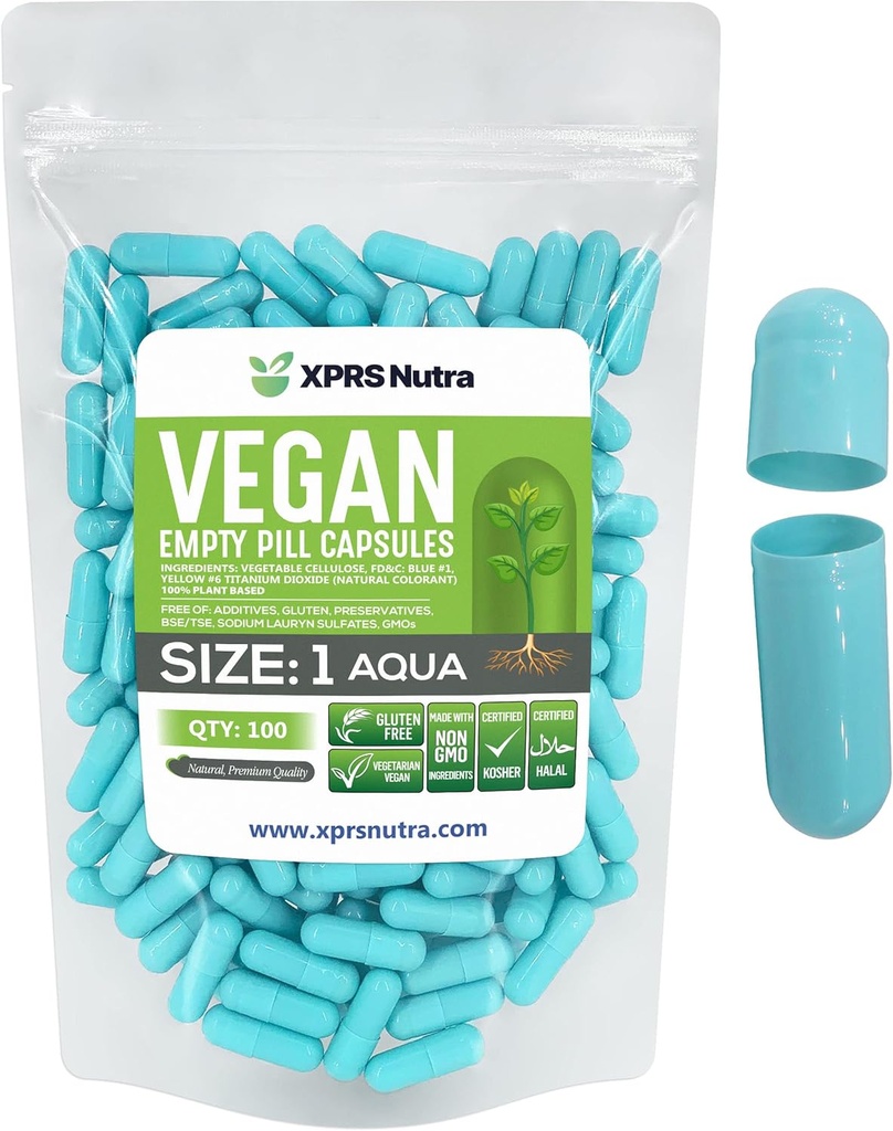 XPRS Nutra Size 1 Empty Capsules - 100 Conde Empty Vegan Capsules - Vegetarian Pills - DIY Vegetable Capsule Filling- Veggie Pill Caps for Do-It-Yourself Supplements (Aqua)