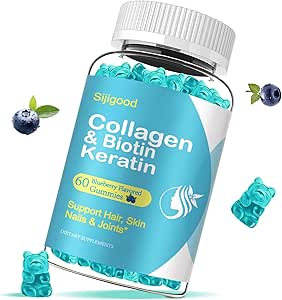 Biotina Gummies con colágeno, queratina, ácido hialurónico, vitamina para la piel, crecimiento del cabello, uñas, mujeres adultos Niños - 60 Blueberry Flavored Gummies