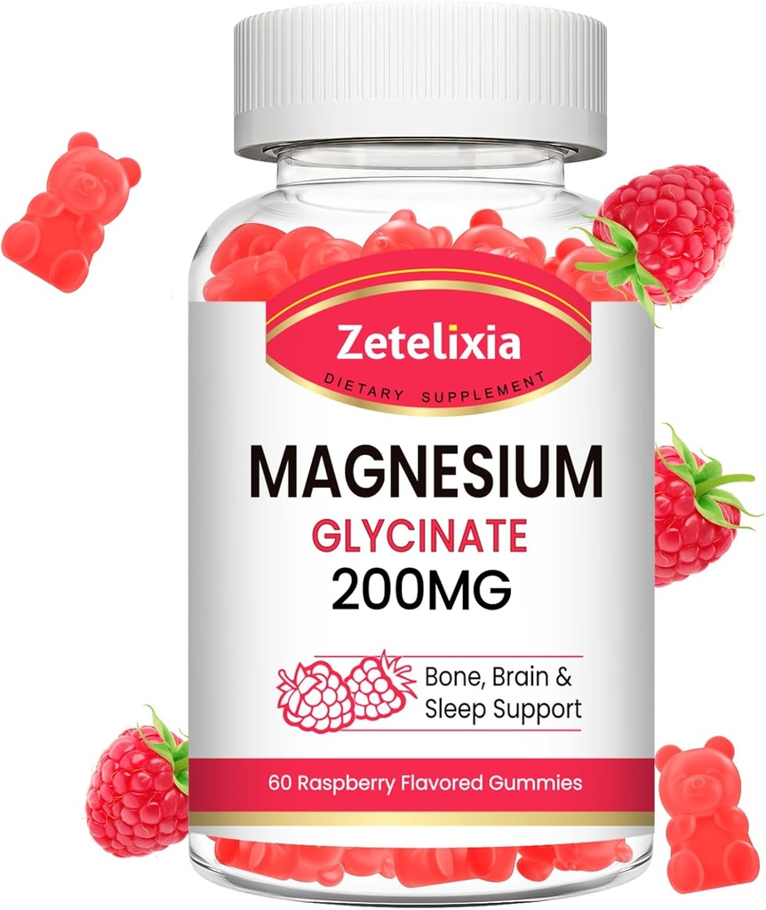 Magnesium Glycinate Gummies, High Absorption Magnesium Glycinate Suplementos para la Relajación, Raspberry Chews para Adultos y Niños, 60 Condes