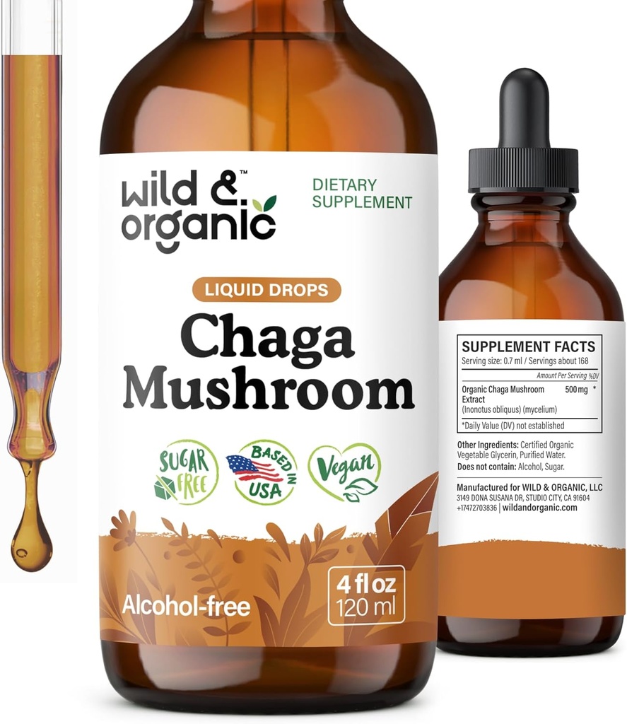 Wild &amp; Organic Chaga Mushroom Drops - Immune Support with Chaga Extract - Liquid Mushroom Supplement for Immunity - Vegan, Sugar &amp; Alcohol-Free Tintura - 4 fl oz