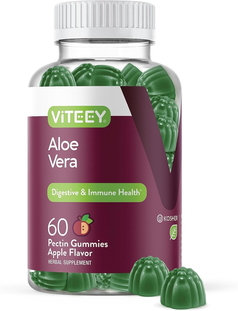 Viteey Aloe Vera Gummies for Adults - 50mg - Ayudas en la Digestión y la Salud Inmunitaria - Suplemento Aloe Vera - Vegan, Gelatin Gratis, Gluten Gratis, GMO Gratis, Tasty Chewable Raspberry Flavored Gummy