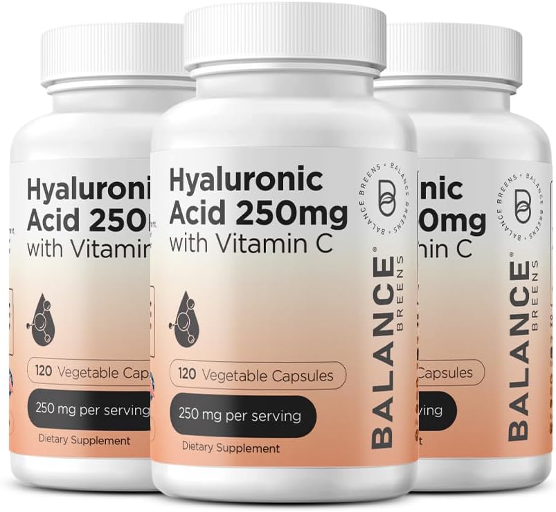Suplemento de ácido hialurónico puro 250 mg con vitamina C 50mg, 120 cápsulas veganos - Hidratación de piel para flujo natural, cabello, uñas, bonificación &amp; fórmula de salud conjunta