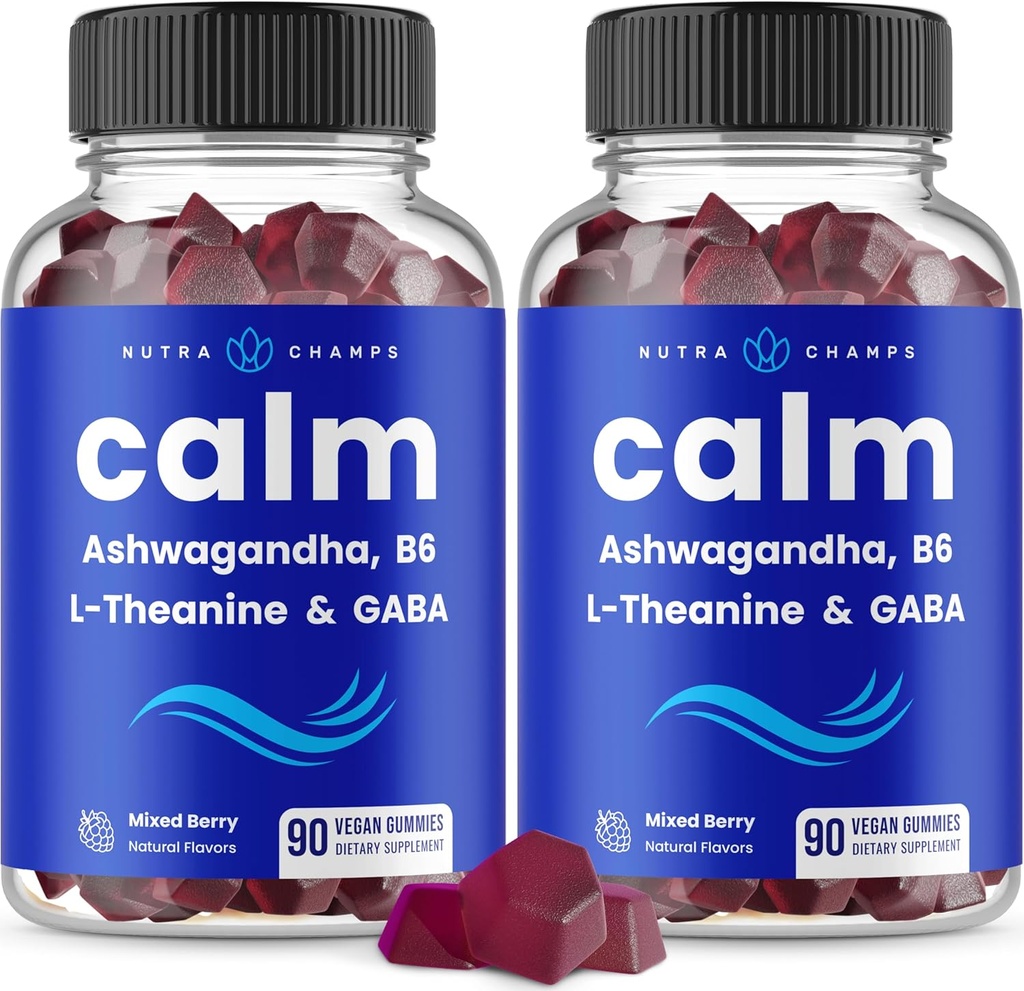 NutraChamps Calm Gummies, Stress Gummies Suplemento con Ashwagandha, L-Theanine, GABA, Vitamina B6 &amp; Lemon Balm, 90 Gummies (Pack of 2)