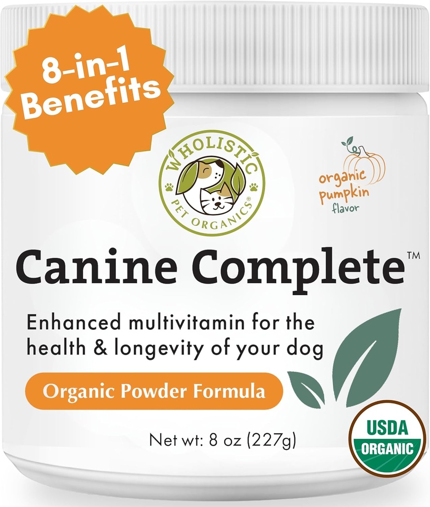 Orgánicas Wholistic Pet Orgánicas Canine Completa - Pólvora Multivitamínica Perro - 8 Oz - Vitaminas y suplementos diarios para alimentos caseros - Sistema de inmune, Esquía, Carne &amp; Salud general - Pequeña y Gran Propósito
