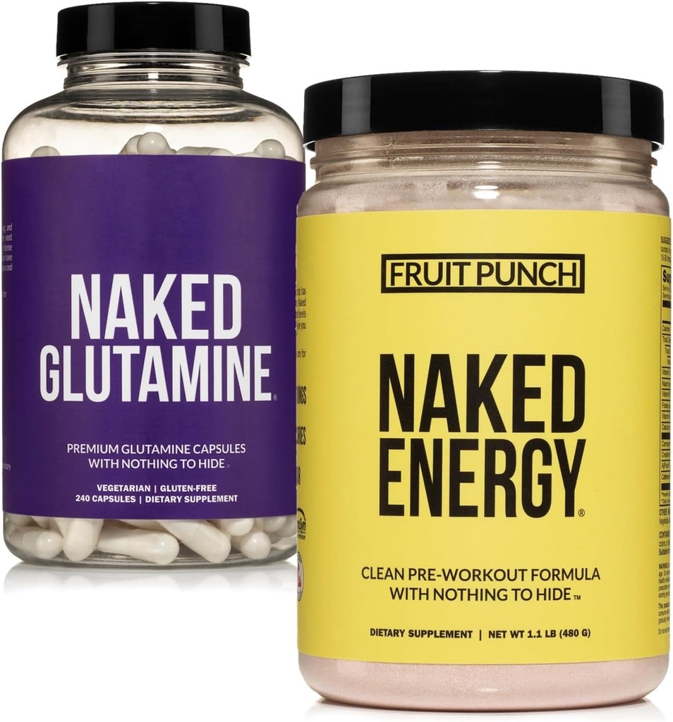 NAKED Vegan Energizing Muscle Recovery Bundle Fruit Punch Energy y 240 L-Glutamine Capsules, 1000mg