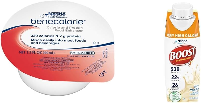 Benecalorie Calorie y Protein Enhancer - Unflavored (330 Calories, 7g Protein) - 1.5 oz Copas &amp; Boost Very High Calorie Vanilla Nutritional Drink – 22g Protein, 530 Nutrient Rich Calories, 8 Fl Oz