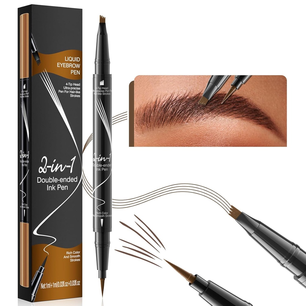 9706 Pen de ceja líquida de 2 en 1 doble punta, 4 punta cabezal de propina 1 punta pluma de ceja ultra fina, fácilmente dibujar cejas realistas, 4 colores, impermeable (2#Dark Brown)