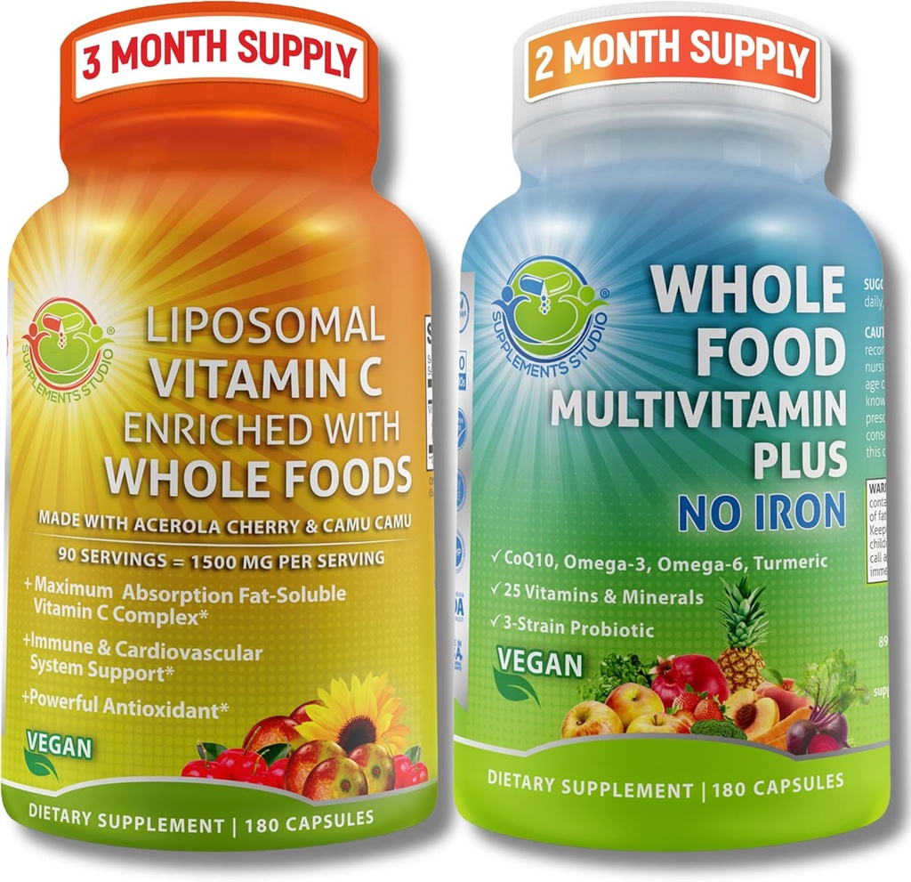 Liposomal Vitamina C 1500mg + Vegan Whole Food Multivitamin Without Iron - Energy & Immune Support Bundle with Organic Acerola Cherry, Camu Camu &amp; Enriched with Whole Foods –Non-GMO, Clean Label